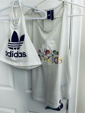 adidas White Tank and Crop Top Set with Floral Logo